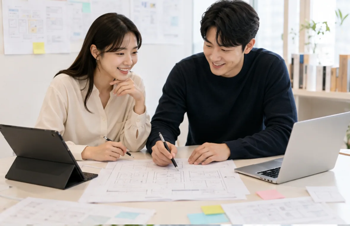 브랜드의 웹 화면과 고객 동선을 검토하는 모습