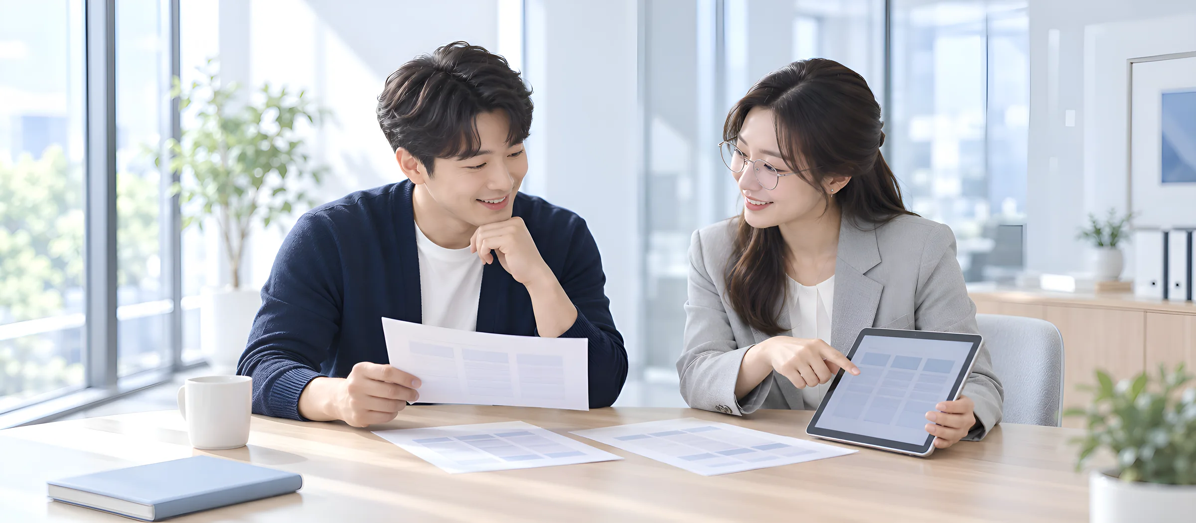 밝은 미팅룸에서 고객과 담당자가 비교표와 태블릿을 보며 다음 단계를 정하는 상담 마무리 장면