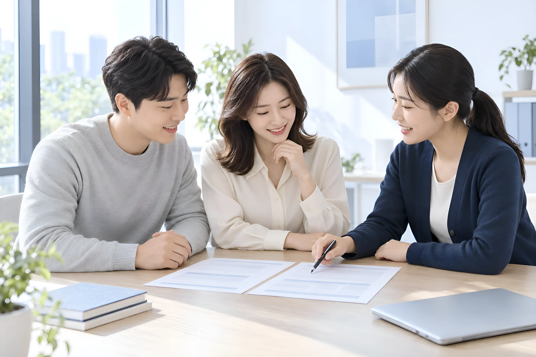 상담실에서 고객 두 사람과 담당자가 조건 비교표를 하나씩 확인하는 모습