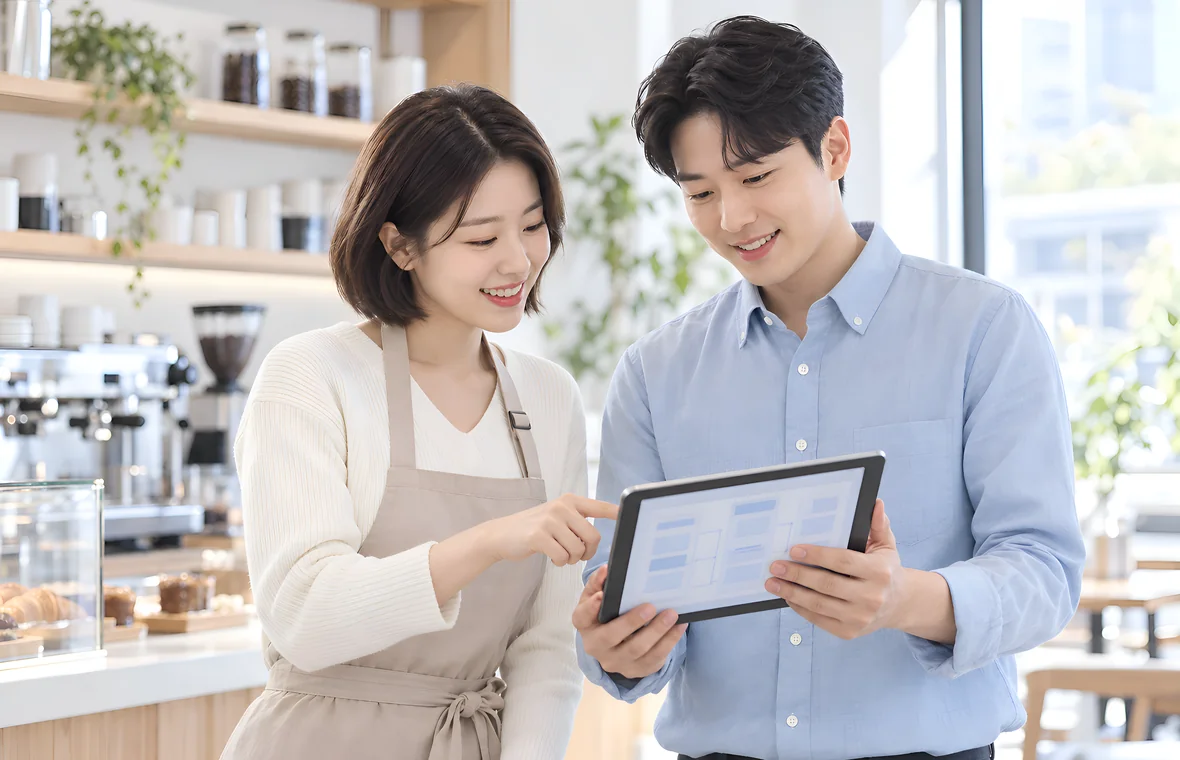 카페 사장님과 기획자가 태블릿으로 앱 화면 흐름을 함께 확인하는 모습