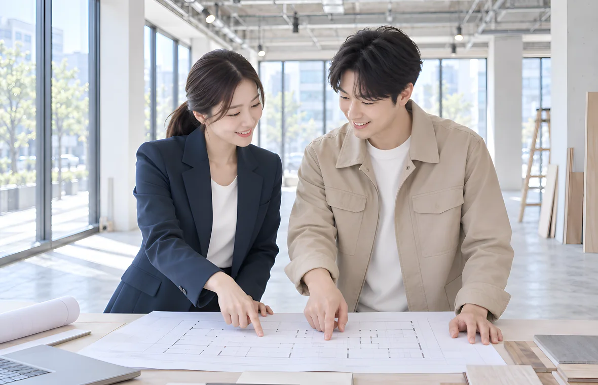 빈 상가에서 PM 담당자와 임차 예정 사장이 평면도로 공간과 조건을 확인하는 모습